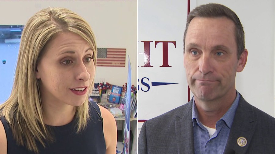 Katie Hill, left, and Steve Knight, speak about their campaigns in October 2018. (Credit: KTLA)