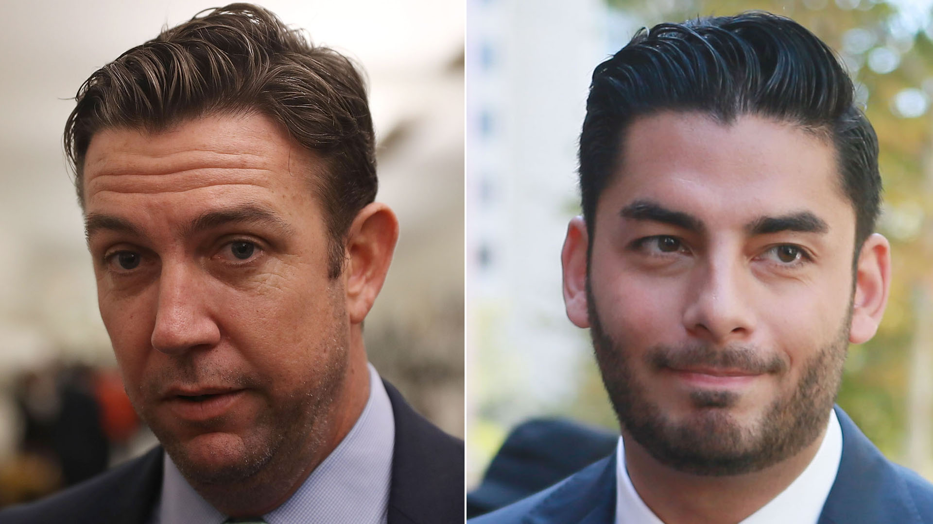 Duncan Hunter, left, speaks to reporters on Jan. 10, 2017 in Washington, D.C. Ammar Campa-Najjar, right, speaks to reporters outside the San Diego Federal Curthouse during Hunter's arraignment on Aug. 23, 2018. (Credit: Getty Images)