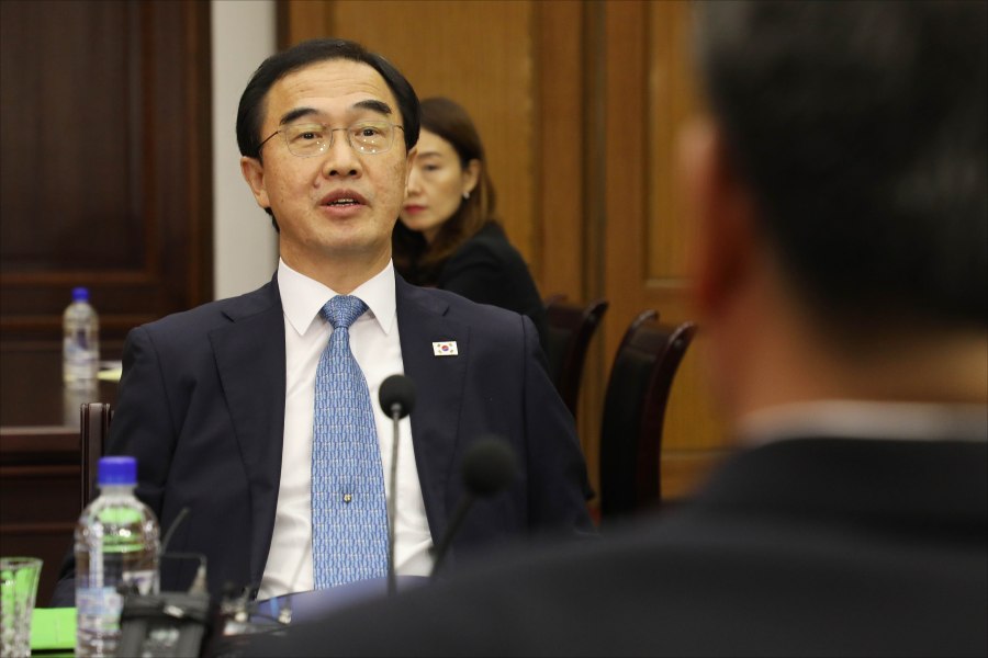 South Korean Unification Minister Cho Myoung-Gyon talks during a meeting on August 13, 2018 in Panmunjom, North Korea. (Credit: South Korean Unification Ministry via Getty Images)