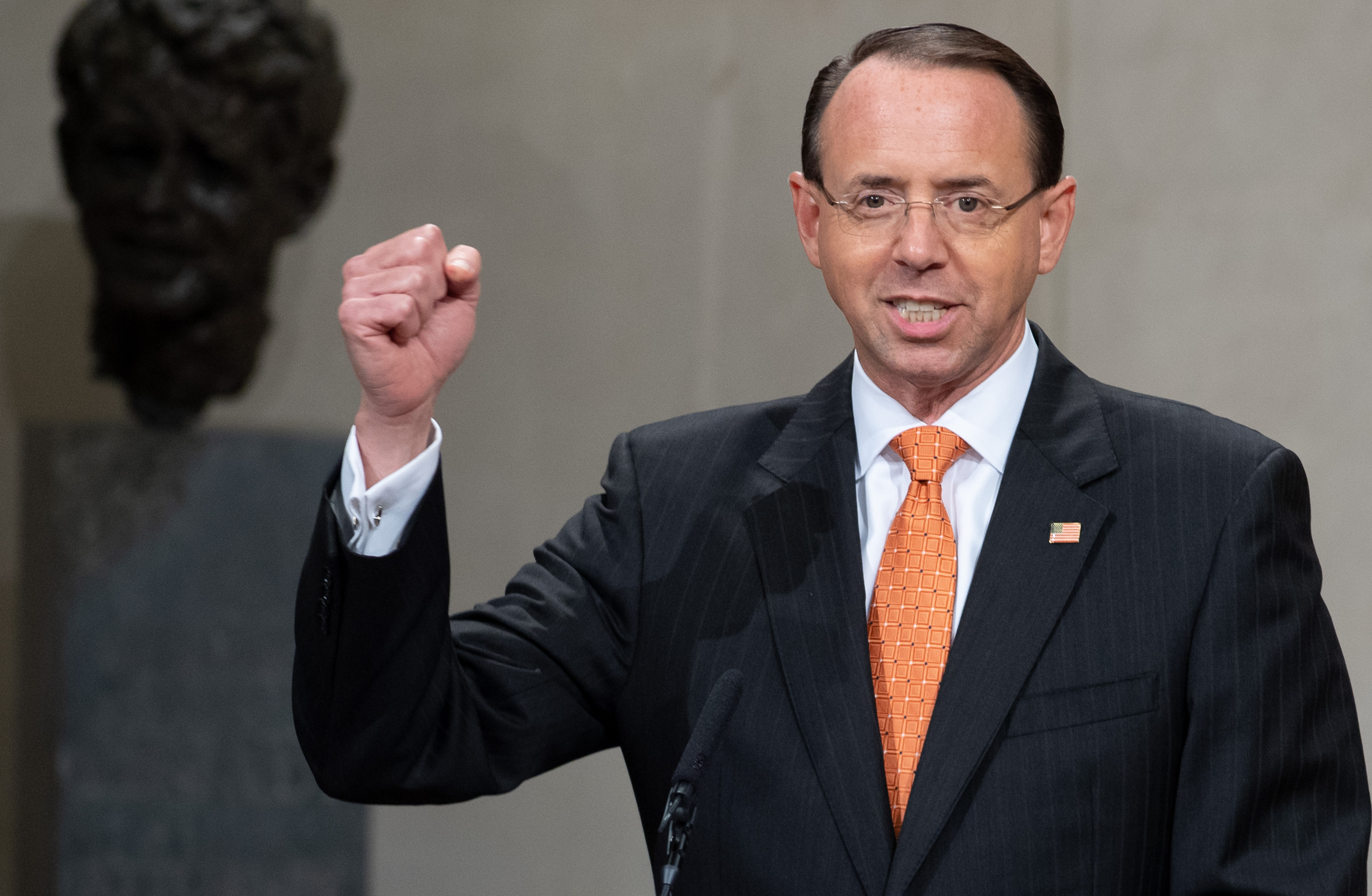 U.S. Deputy Attorney General Rod Rosenstein speaks during the Second Annual Attorney General's Award for Distinguished Service in Policing at the Department of Justice on Sept. 18, 2018. (Credit: Saul Loeb/AFP/Getty Images)