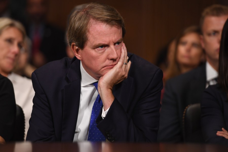 White House Counsel and Assistant to the President for President Donald Trump, Donald McGahn, looks on as Supreme Court nominee Brett Kavanaugh testifies before the Senate Judiciary Committee, Sept. 27, 2018. (Credit: Saul Loeb / AFP / Getty Images)