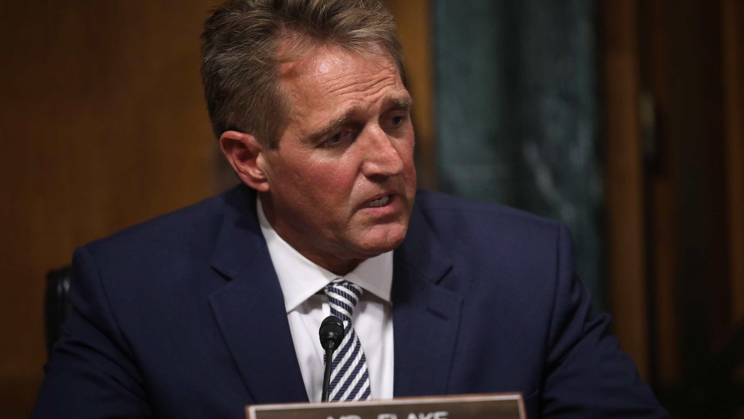 Sen. Jeff Flake (R-AZ) speaks during a meeting of the Senate Judiciary Committee on Sept. 28, 2018. (Credit: Win McNamee/Getty Images)