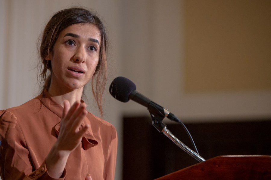 Nadia Murad, a 24-year-old Yazidi woman and co-recipient of the 2018 Nobel Peace Prize, speaks at the National Press Club on Oct. 8, 2018, in Washington, D.C. (Credit: Tasos Katopodis/Getty Images)