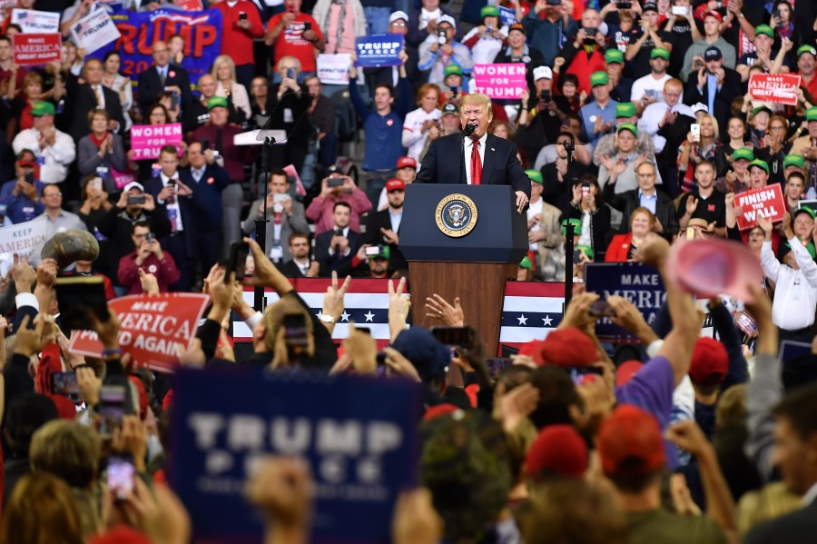 President Donald Trump speaks during a rally at the Mid-America Center in Council Bluffs, Iowa, on Oct. 9, 2018. (Credit: Mandel Ngan / AFP / Getty Images)