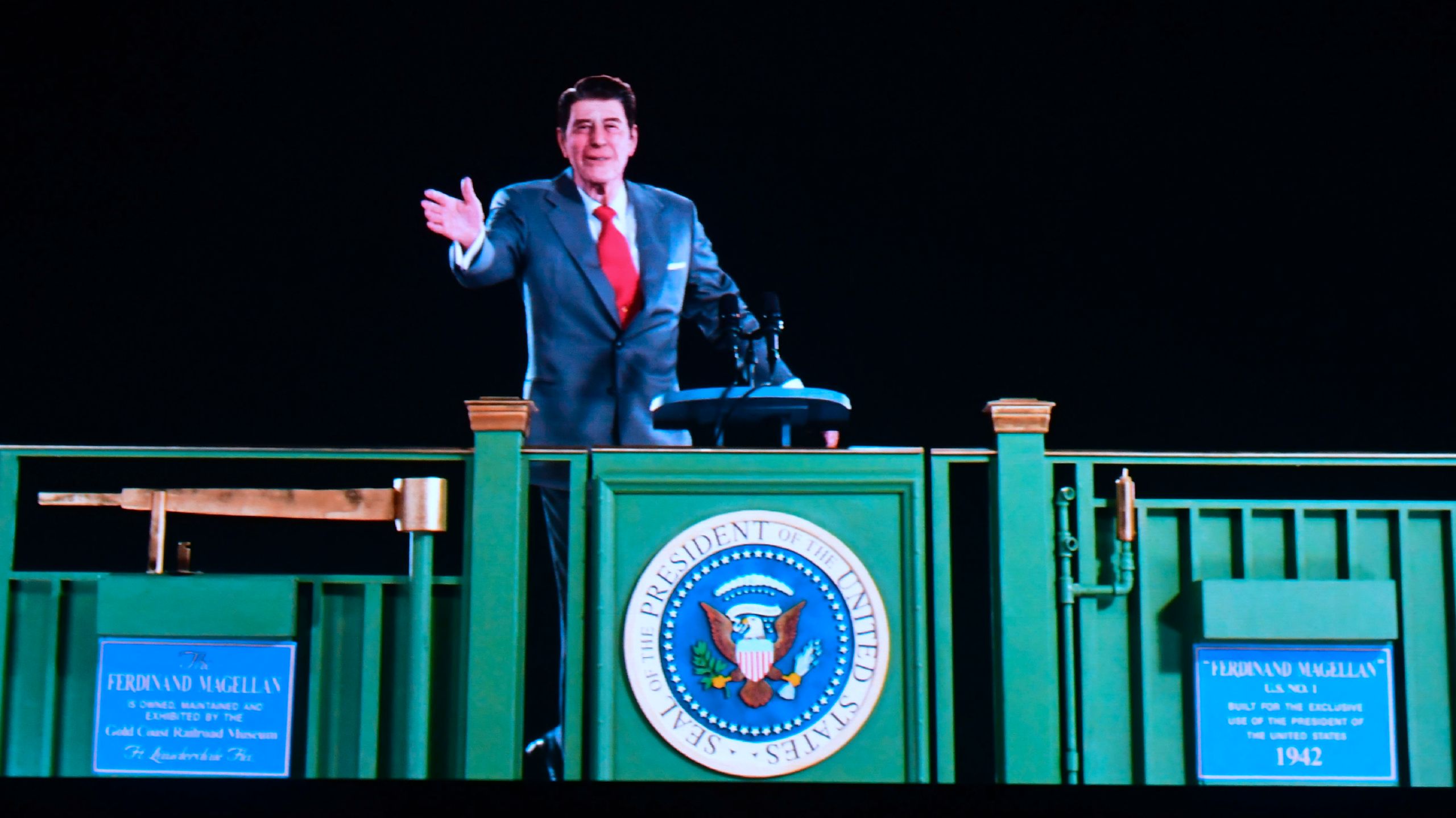 Ronald Reagan is recreated via Hologram technology during a media preview on Oct. 10, 2018, at the Ronald Reagan Presidential Library in Simi Valley. (Credit: Frederic J. Brown / AFP / Getty Images)