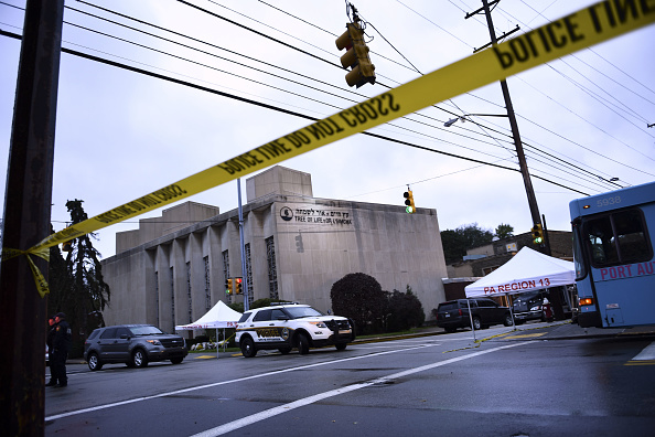 Police tape is viewed around the area on October 28, 2018 outside the Tree of Life Synagogue after a shooting there left 11 people dead in the Squirrel Hill neighborhood of Pittsburgh on October 27, 2018.(Credit: BRENDAN SMIALOWSKI/AFP/Getty Images)