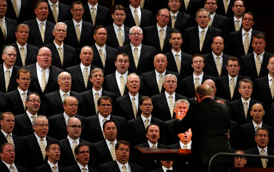 The Mormon Tabernacle Choir, of the Church of Jesus Christ of Latter-Day Saints Thomas sing at the start of the 185th Semiannual General Conference of the Mormon Church on Oct. 3, 2015 in Salt Lake City. (Credit: George Frey/Getty Images)