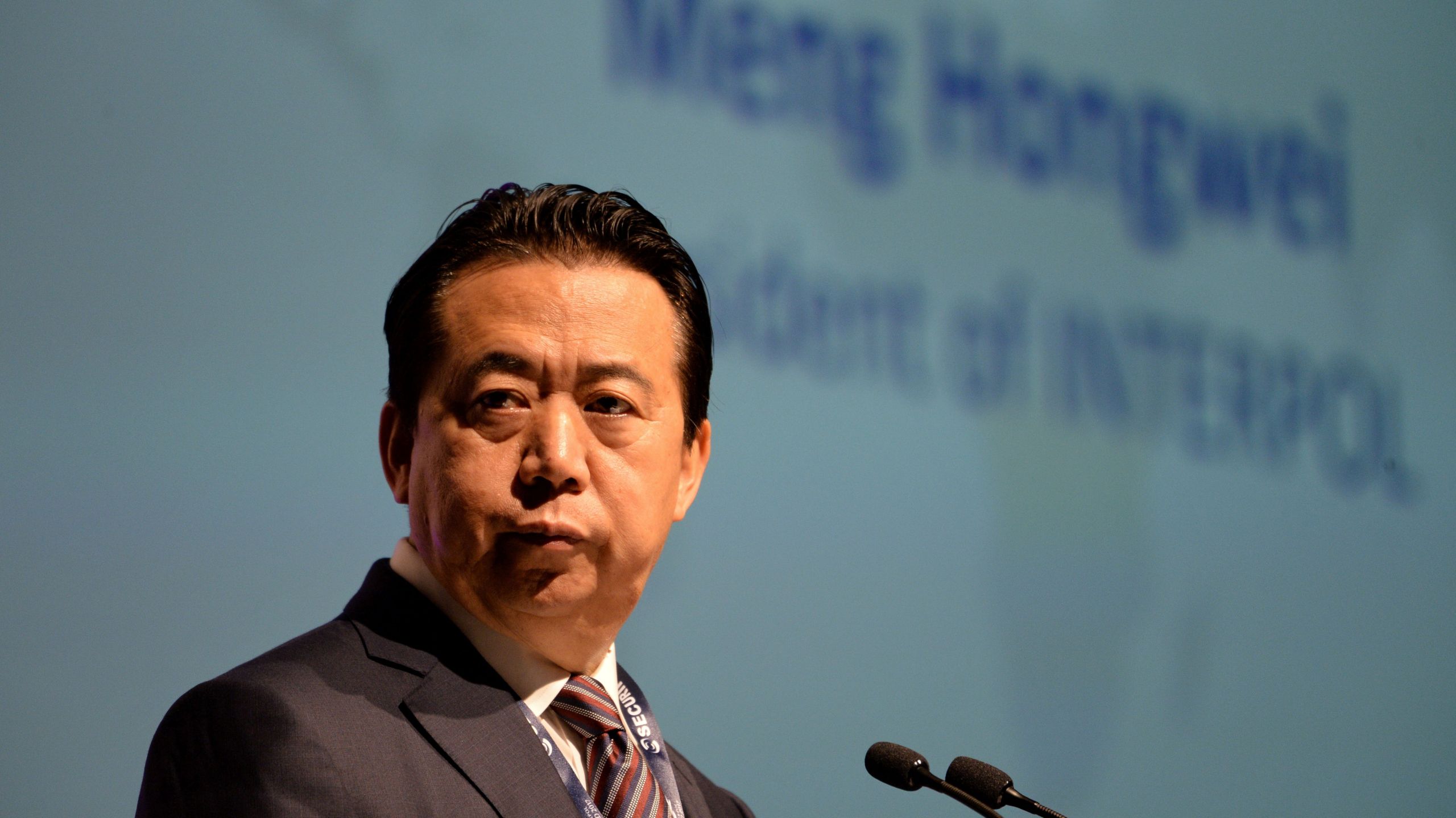 Meng Hongwei, president of Interpol, gives an addresses at the opening of the Interpol World Congress in Singapore on July 4, 2017. (Credit: ROSLAN RAHMAN/AFP/Getty Images)