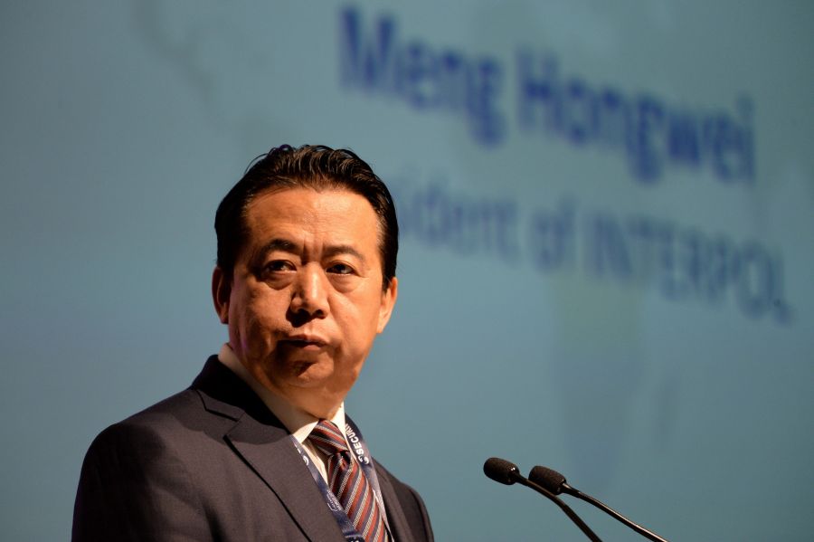 Meng Hongwei, president of Interpol, gives an addresses at the opening of the Interpol World Congress in Singapore on July 4, 2017. (Credit: ROSLAN RAHMAN/AFP/Getty Images)