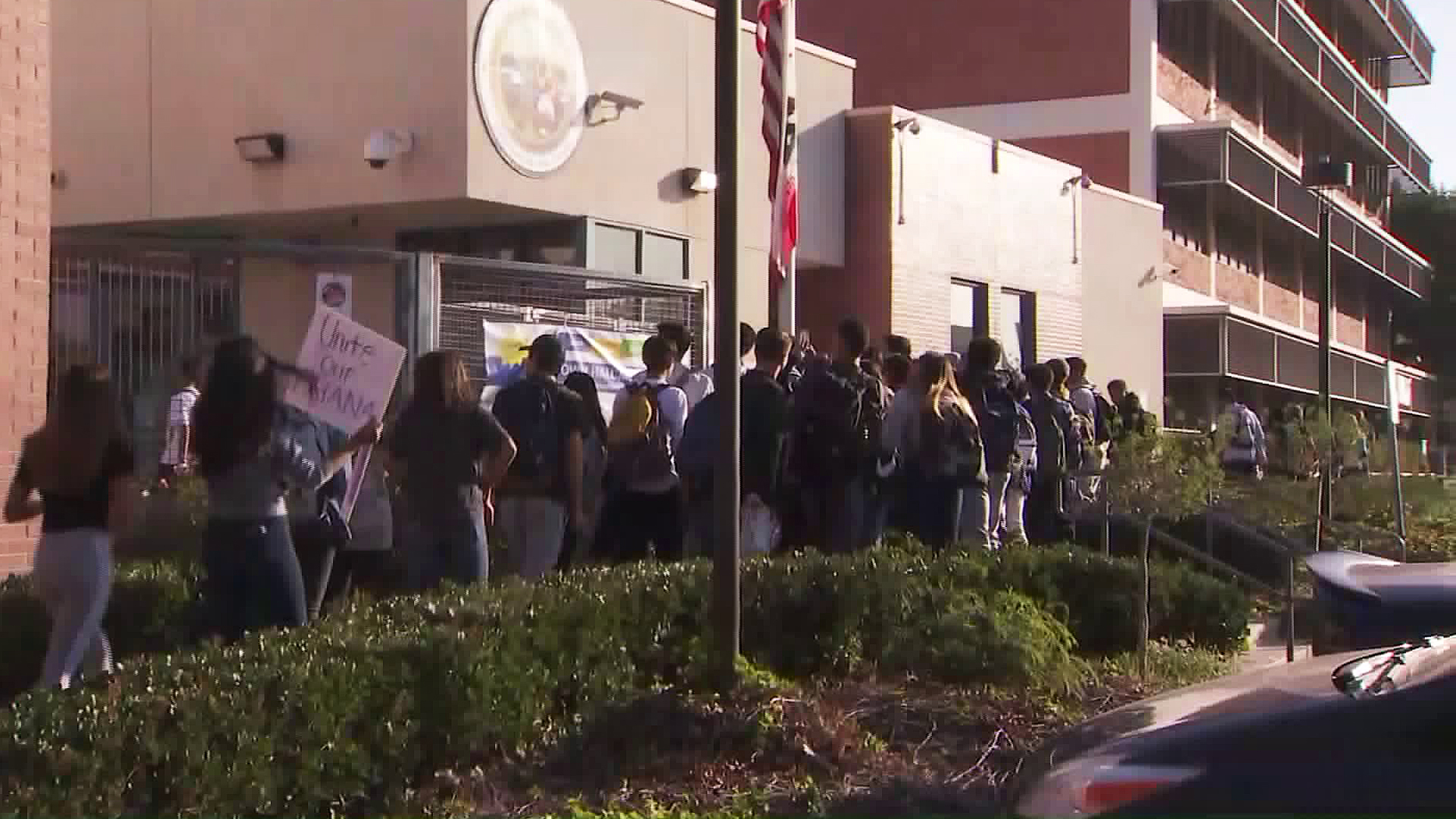 Hoover High School students stage a walkout on Oct. 29, 2018. (Credit: KTLA)