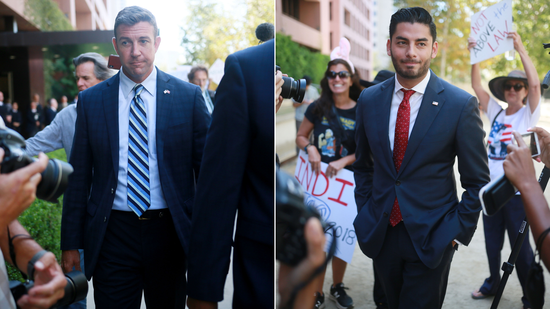 At left, Rep. Duncan Hunter is seen leaving a federal courtroom in San Diego after being arraigned, and at right his opponent, Ammar Campa-Najjar, speaks to reporters outside the courthouse, on Aug. 23, 2018. (Credit: Sandy Huffaker / Getty Images)