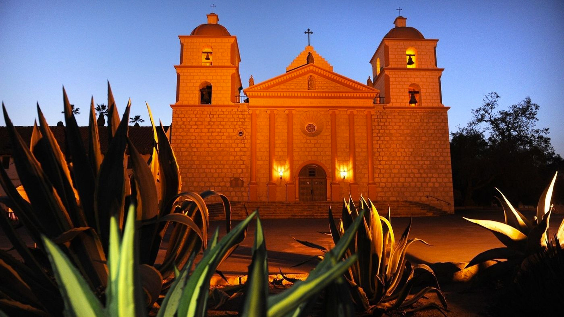 Graffiti was discovered on the outside of the Old Mission Santa Barbara building and on several pillars on the property early Wednesday, police said. (Credit: Wally Skalij / Los Angeles Times)