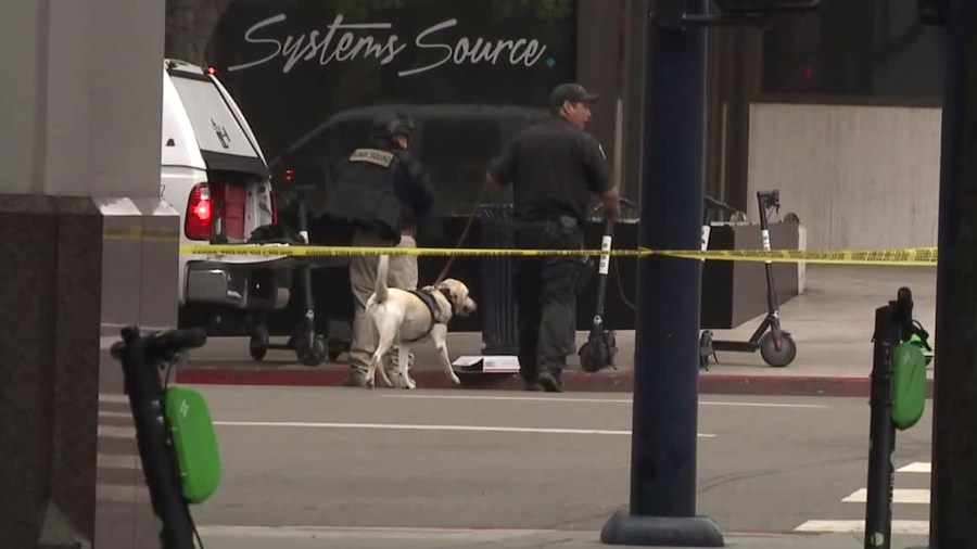 Authorities investigated suspicious packages found outside a building that houses the San Diego Union-Tribune and an office of Sen. Kamala Harris. (Credit: KSWB)