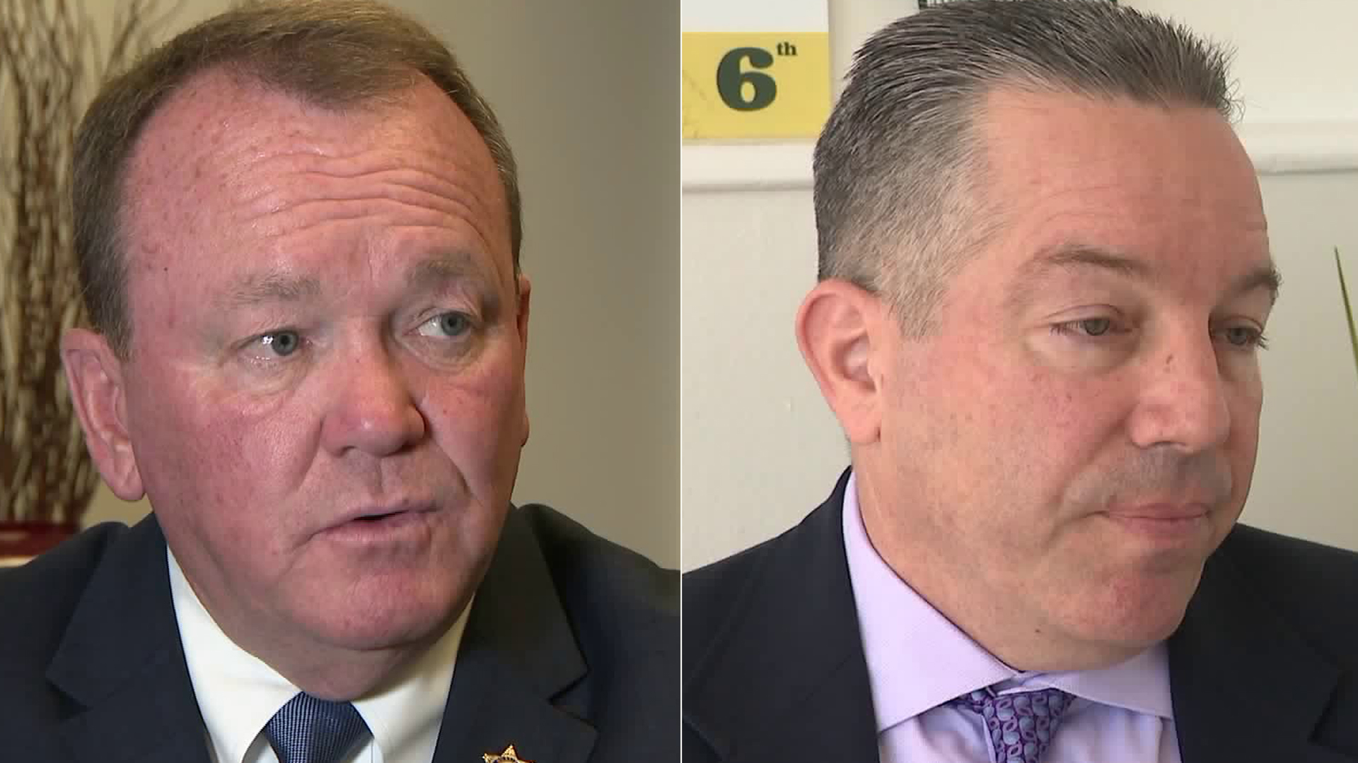 Left, L.A. County Sheriff Jim McDonnell, and, right, retired sheriff's Lt. Alex Villanueva, are seen during interviews in October 2018. (Credit: KTLA)