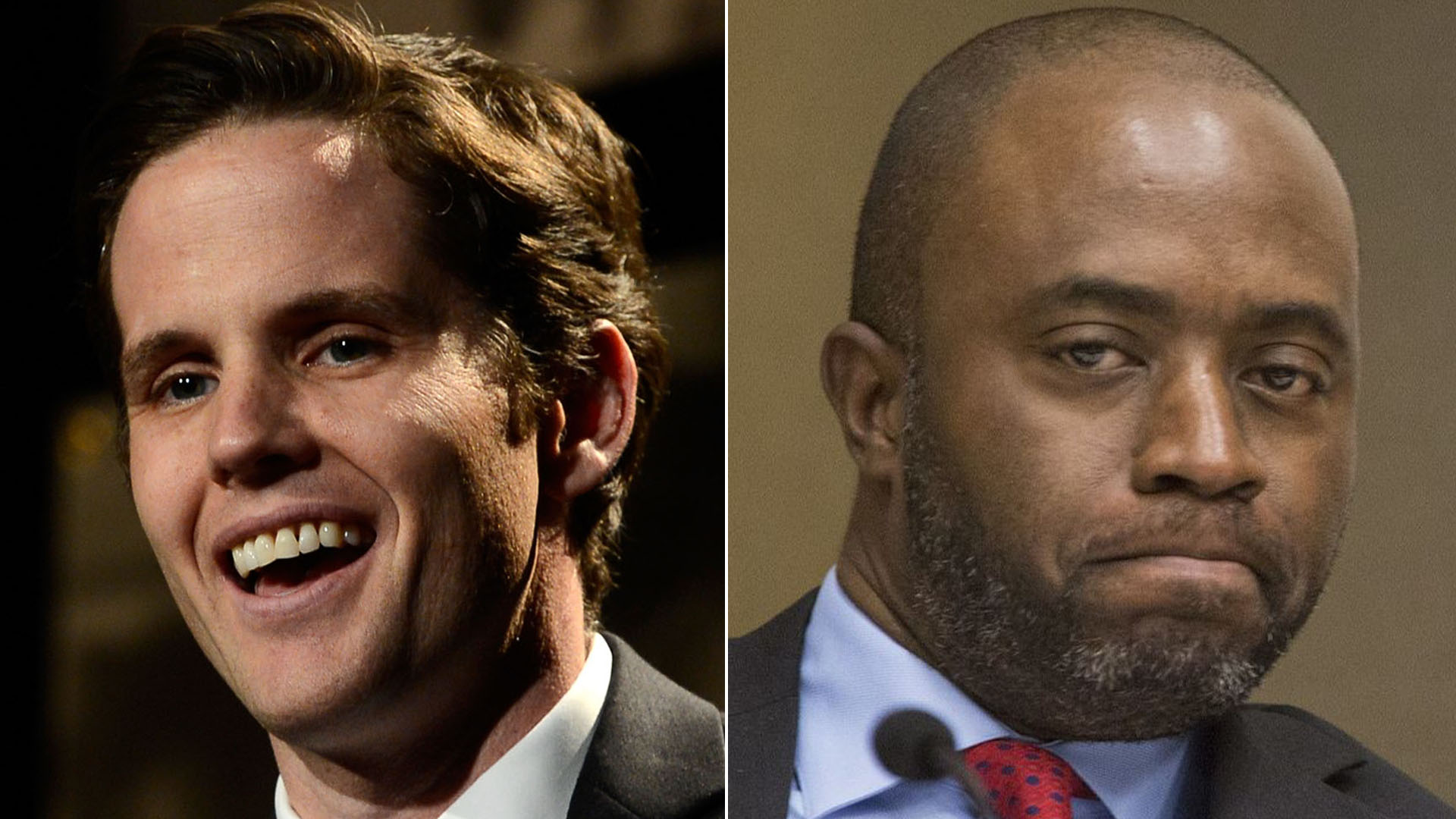 Marshall Tuck, left, attends the Alliance For Children's Rights' 21st annual dinner at the Beverly Hilton Hotel on March 7, 2013 in Beverly Hills. Tony Thurmond, right, is seen during a California State Assembly Committee on Budget meeting in Sacramento on Jan. 20, 2016. (Credit: Frazer Harrison/Getty Images; Los Angeles Times)