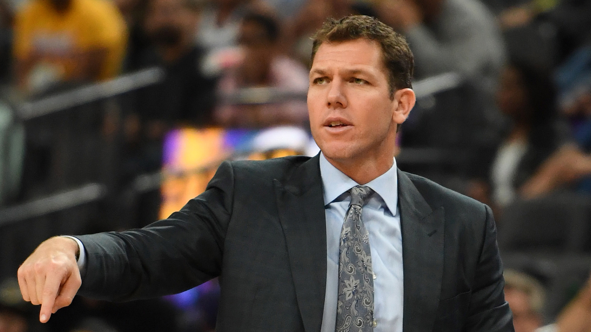 Head coach Luke Walton of the Los Angeles Lakers gestures to his players during their preseason game against the Golden State Warriors at T-Mobile Arena on Oct. 10, 2018 ,in Las Vegas. (Credit: Ethan Miller/Getty Images)