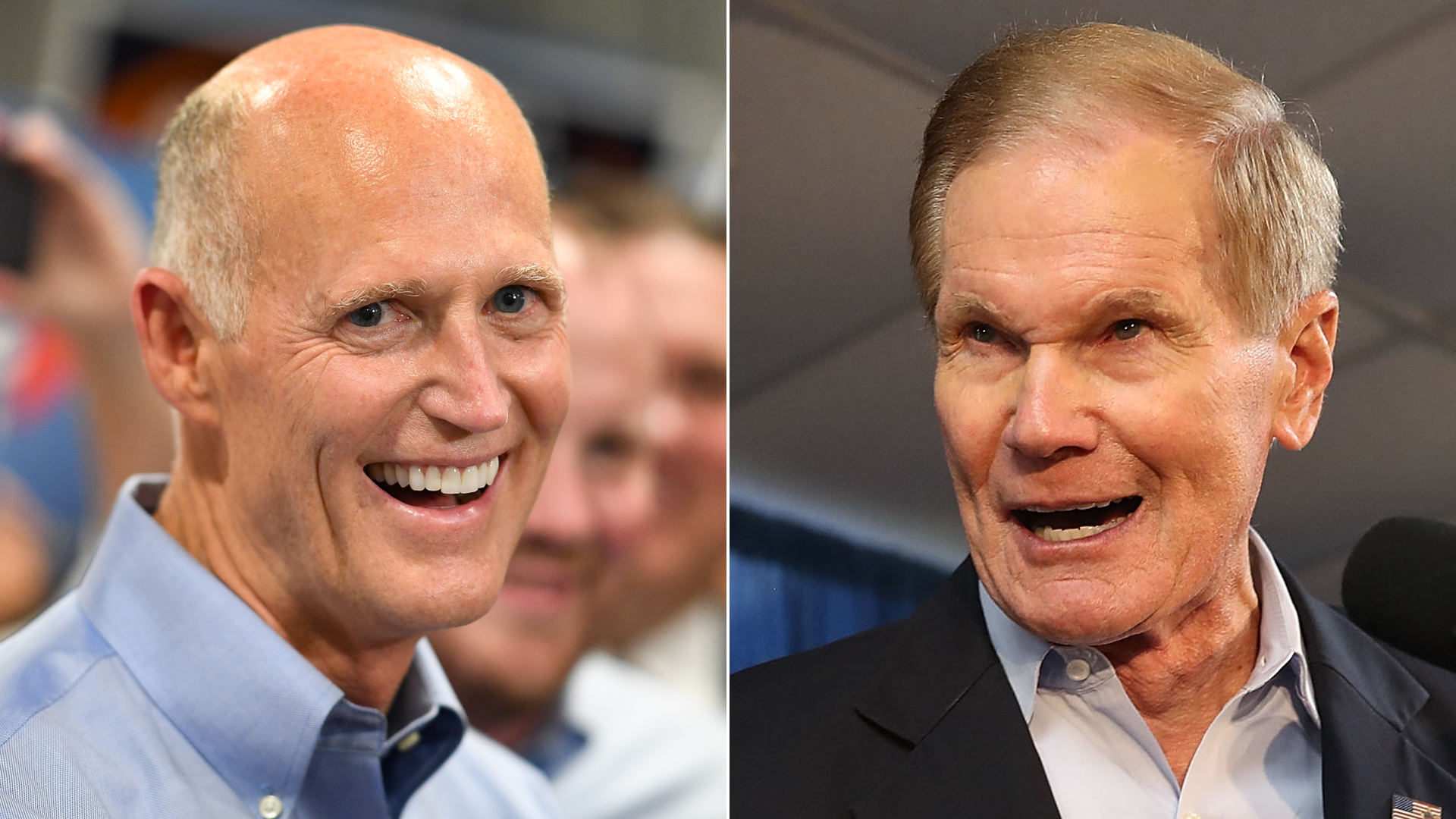 From left: Florida Gov. Rick Scott attends a rally in Orlando on Nov. 2, 2018, and Sen. Bill Nelson speaks during a campaign event in Orlando on Aug. 31, 2018. (Credit: Jeff J. Mitchell / Joe Raedle / Getty Images)