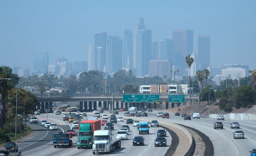 Buildings in downtown Los Angeles are seen on a hazy morning on Sept. 21, 2018. (Credit: FREDERIC J. BROWN/AFP/Getty Images)