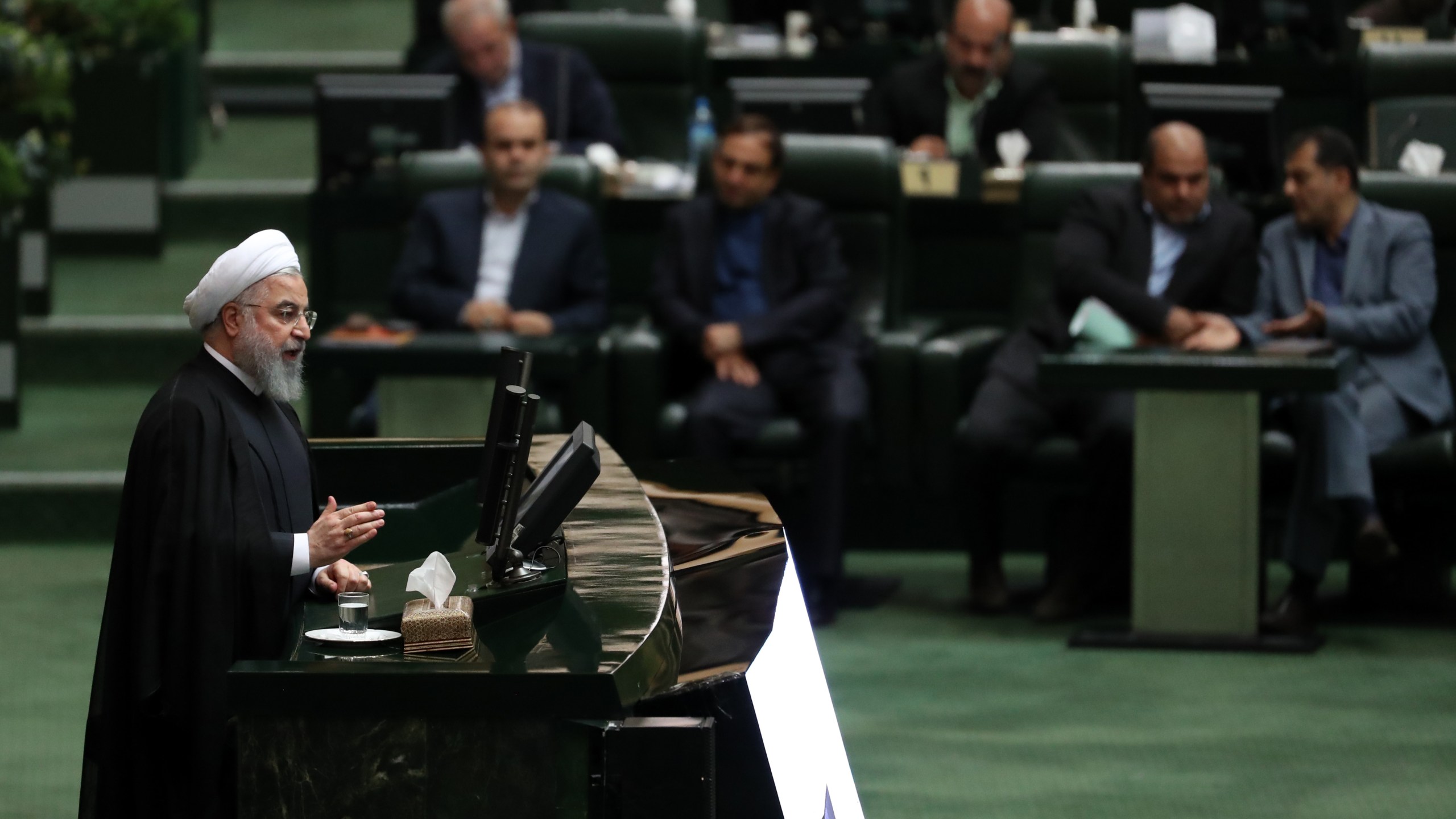 Iranian president Hassan Rouhani speaks to defend his nominations for four ministries during a parliament session in Tehran, on Oct. 27 2018. (Credit: STR/AFP/Getty Images)