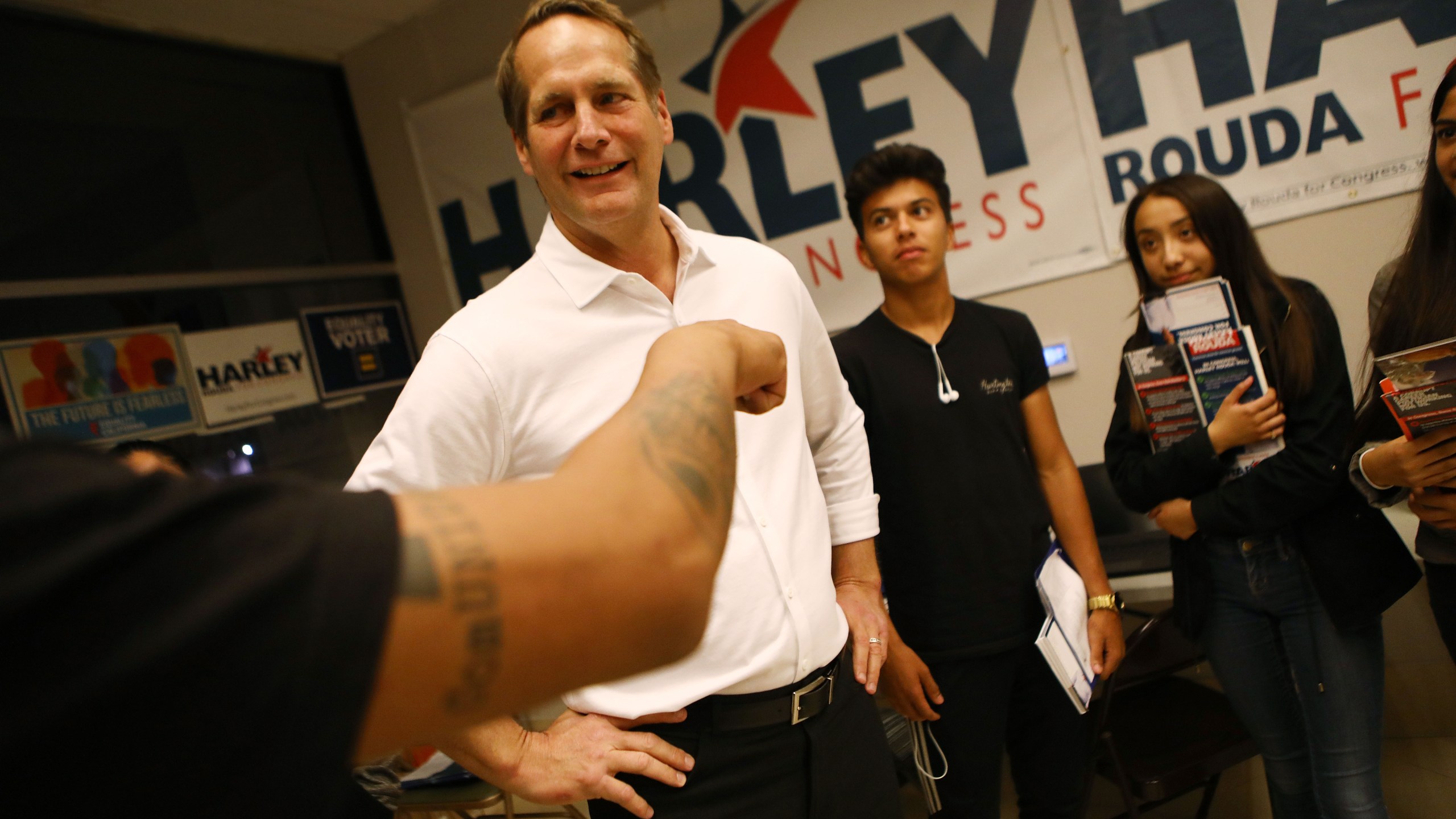 Congressional candidate Harley Rouda (CA-48), speaks with supporters at a Latinx campaign canvass launch on Nov. 1, 2018, in Costa Mesa. (Credit: Mario Tama/Getty Images)