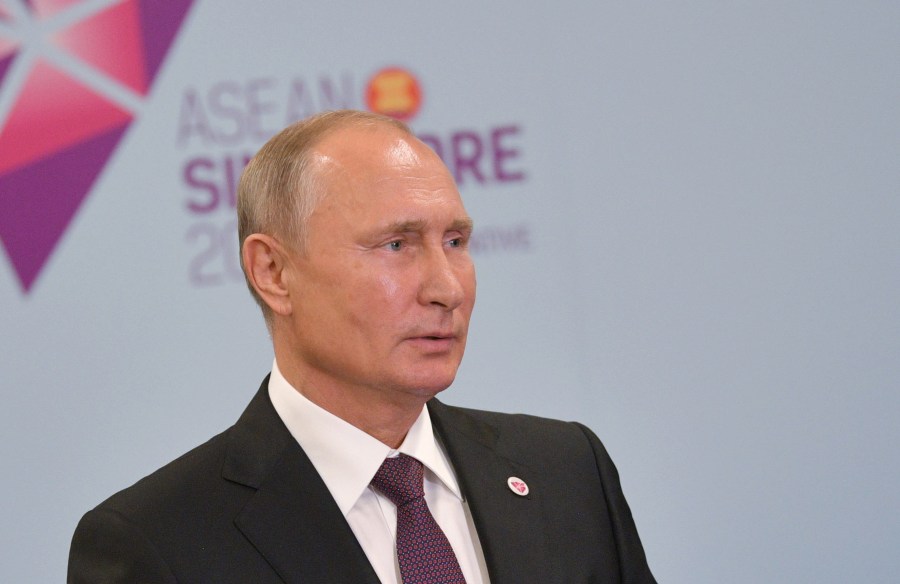 Russian President Vladimir Putin attends a press conference after the East Asia Summit in Singapore on Nov. 15, 2018. (Credit: ALEXEI DRUZHININ/AFP/Getty Images)