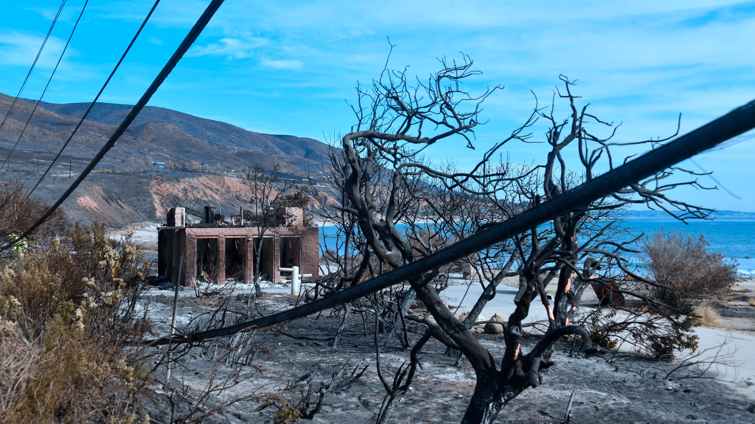 A burnt structure remains standing surrounded by downed power lines and trees at Leo Carillo State Beach in Malibu on Nov. 15, 2018. (Credit: Frederic J. Brown/AFP/Getty Images)