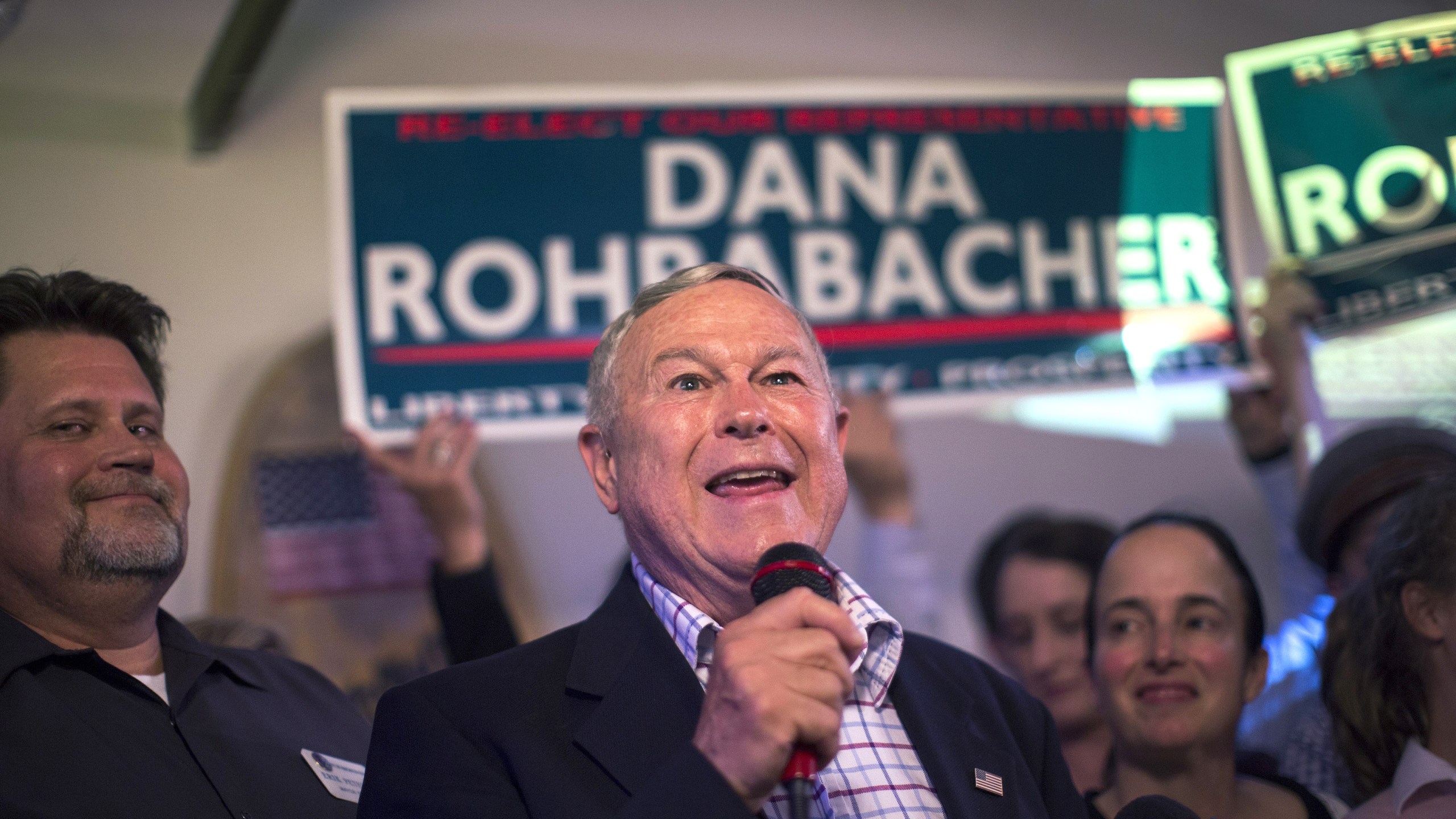 Republican Rep. Dana Rohrabacher, 48th District, speaks to supporters on election night for the primaries at his campaign headquarters on June 5, 2018, in Costa Mesa. (Credit: David McNew/Getty Images)