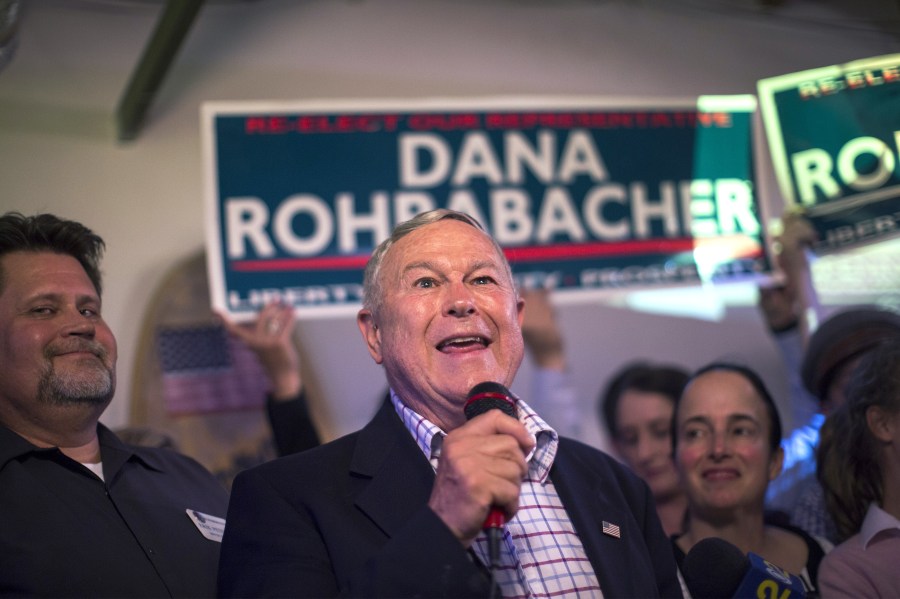 Republican Rep. Dana Rohrabacher, 48th District, speaks to supporters on election night for the primaries at his campaign headquarters on June 5, 2018, in Costa Mesa. (Credit: David McNew/Getty Images)