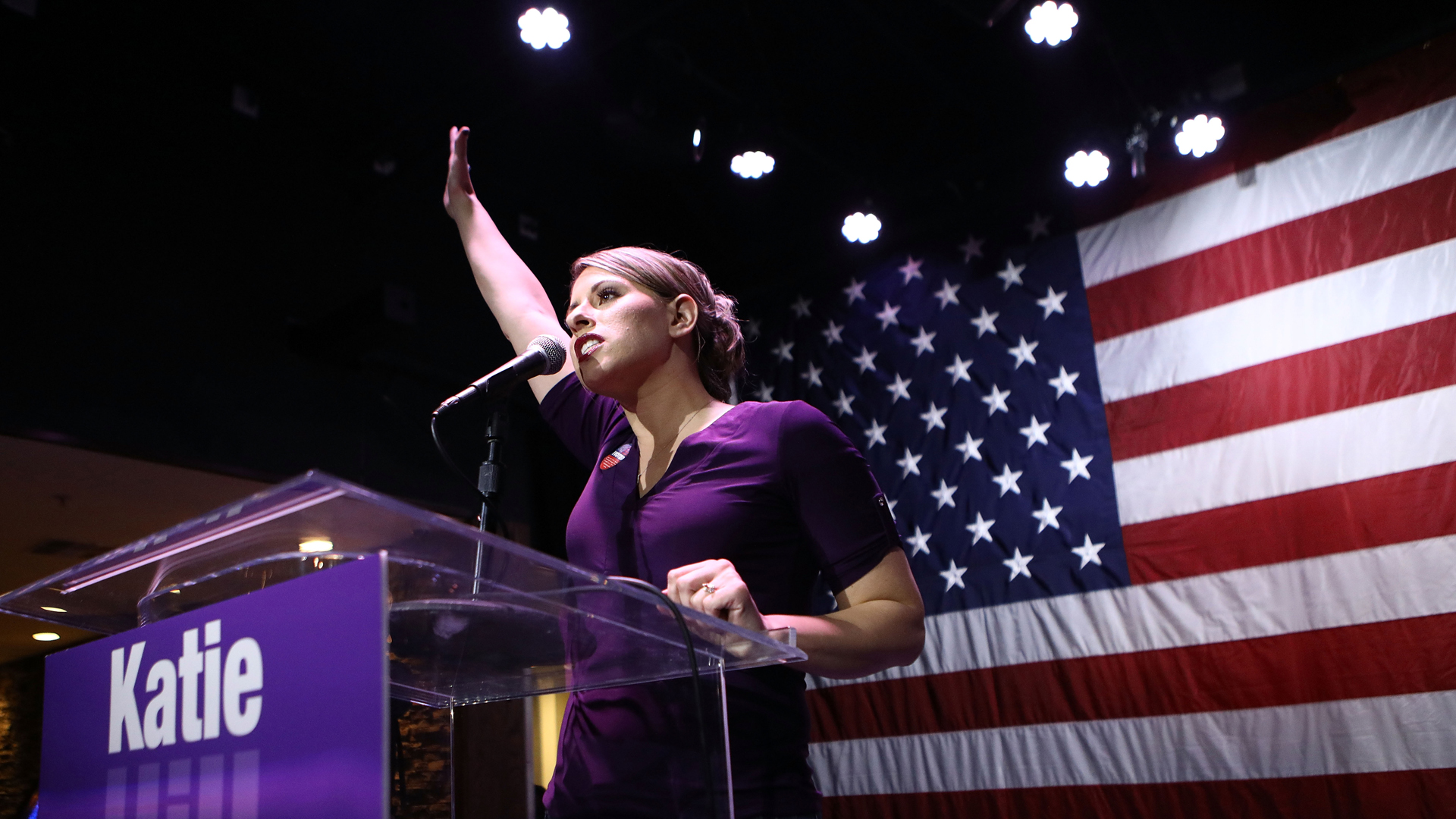 Democratic Congressional candidate Katie Hill waves to supporters at her election night party in California's 25th Congressional district on Nov. 6, 2018, in Santa Clarita. (Credit: Mario Tama/Getty Images)