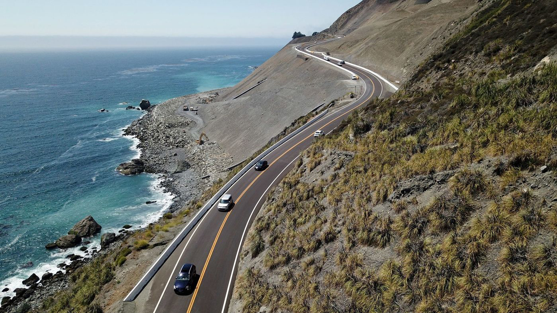 The newest part of Highway 1 is the reconstructed roadway at Mud Creek along the Big Sur coast. Now, Caltrans fears heavy rains could damage the newly formed route, which reopened in July. (Credit: Brian van der Brug / Los Angeles Times)