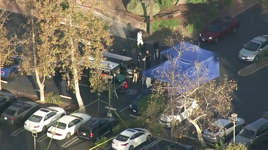 A command post set up outside the Borderline Bar & Grill is seen on Nov. 8, 2012, following a mass shooting the night before. (Credit: KTLA)