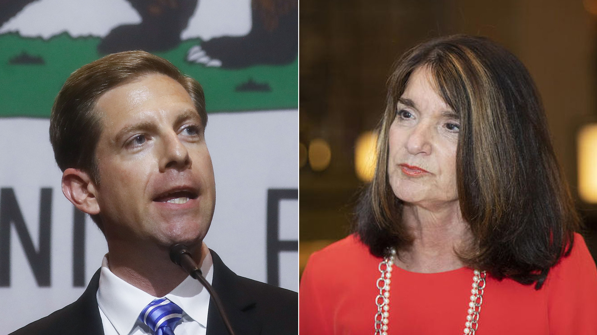 Left, Mike Levin speaks at a 2018 midterm elections rally on Oct. 4, 2018, in Fullerton. Right, Diane Harkey in an undated photo. (Credit: left, Mario Tama/Getty Images; right, Kent Nishimura/Los Angeles Times)