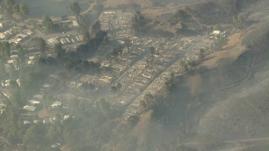 Seminole Springs mobile home park appears devastated by the Woolsey Fire on Nov. 11, 2018. (Credit: KTLA)