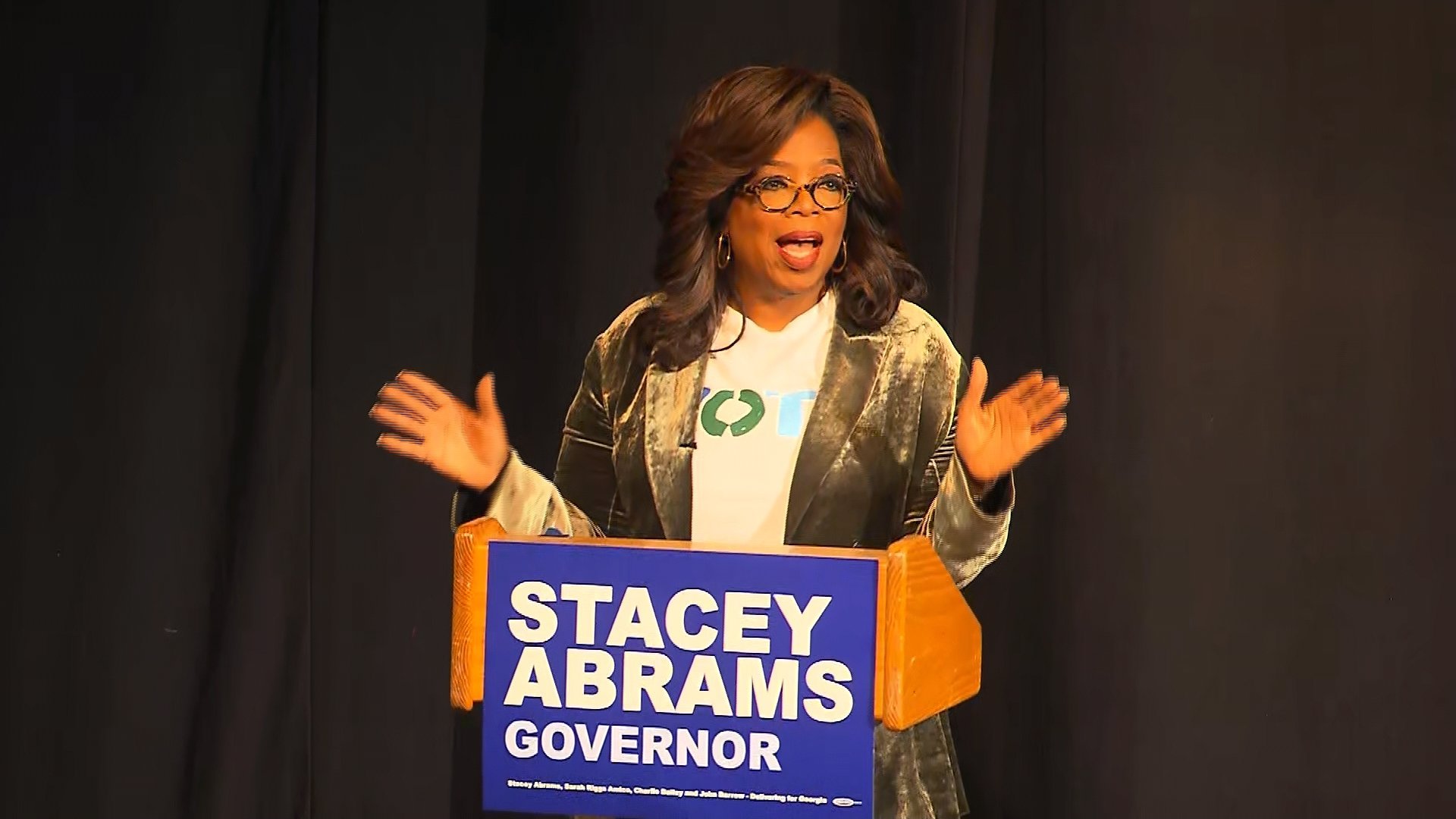 Oprah Winfrey delivered an impassioned call to voters in a fiery stump speech in support of Georgia Democratic gubernatorial candidate Stacey Abrams on Nov. 1, 2018, in Marietta. (Credit: CNN)