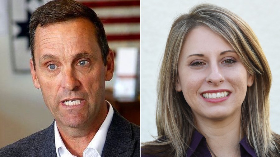 Rep. Steve Knight, left, makes a campaign stop at his Simi Valley party headquarters in an undated photo. Katie Hill, right, is seen in a campaign rally in Santa Clarita on Nov. 3, 2018. (Credit: Los Angeles Times; MARK RALSTON/AFP/Getty Images)