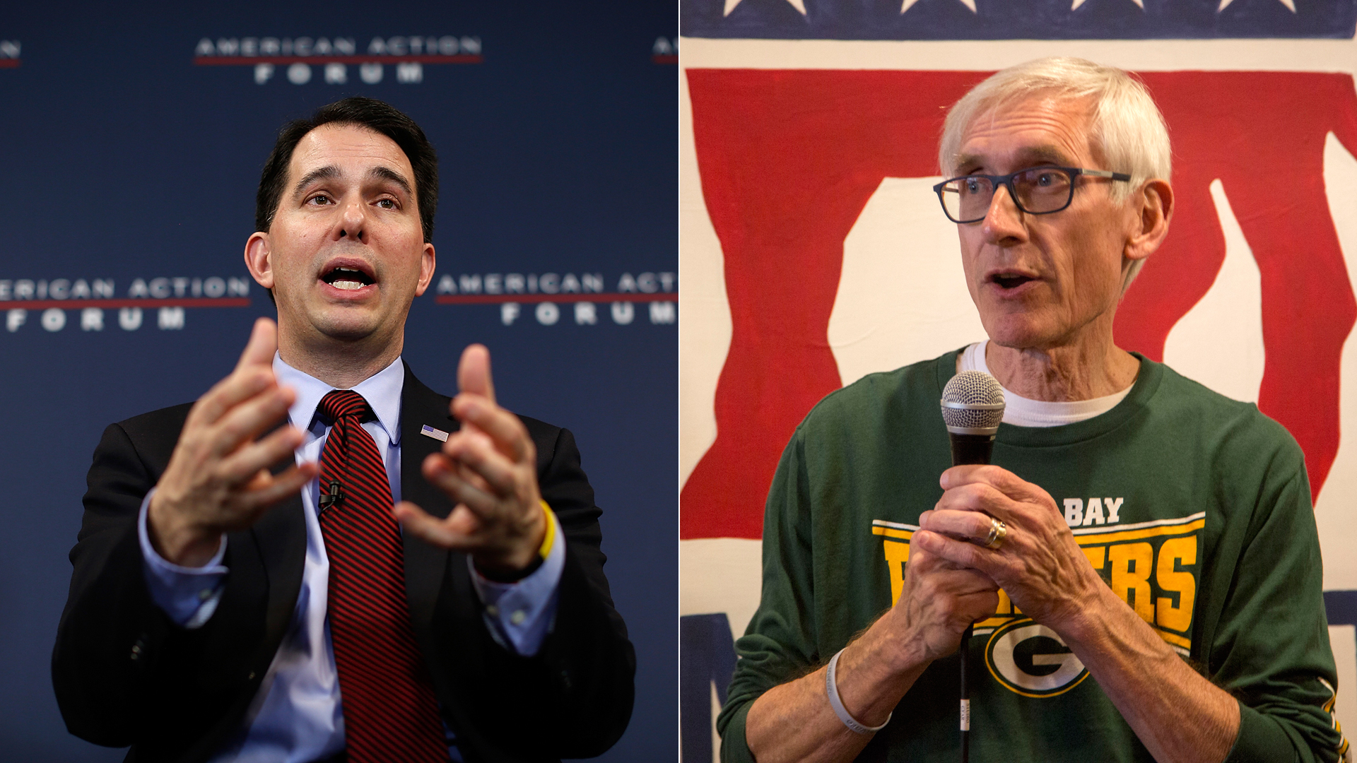 Republican Scott Walker, left, and Democrat Tony Evers, left. (Credit: Win McName / Darren Hauck / Getty Images)