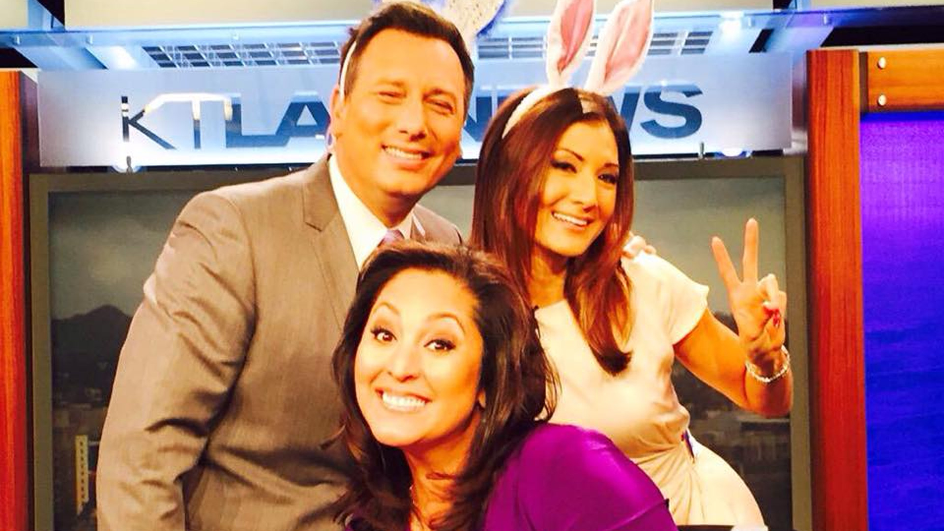 Chris Burrous, Liberte Chan and Lynette Romero pose for a fun Easter photo on the KTLA set on April 5, 2015.