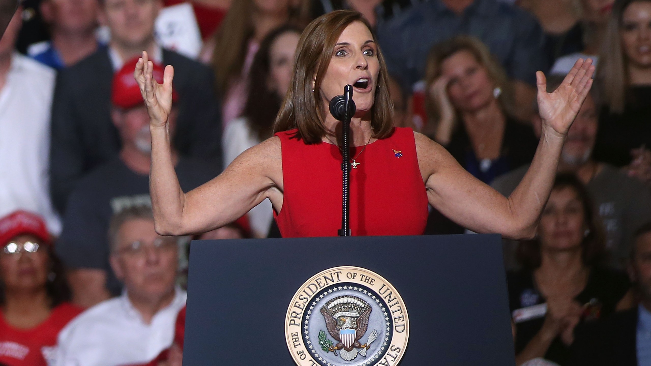 Martha McSally, R-Ariz, speaks during a rally for President Donald Trump at the International Air Response facility on Oct. 19, 2018 in Mesa, Arizona. (Credit: Ralph Freso/Getty Images)