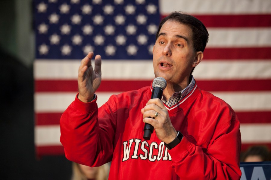 Scott Walker speaks to supporters at a get out the vote rally the night before the midterm elections at the Weldall Mfg., Inc. on Nov. 5, 2018 in Waukesha, Wisconsin. (Credit: Darren Hauck/Getty Images)