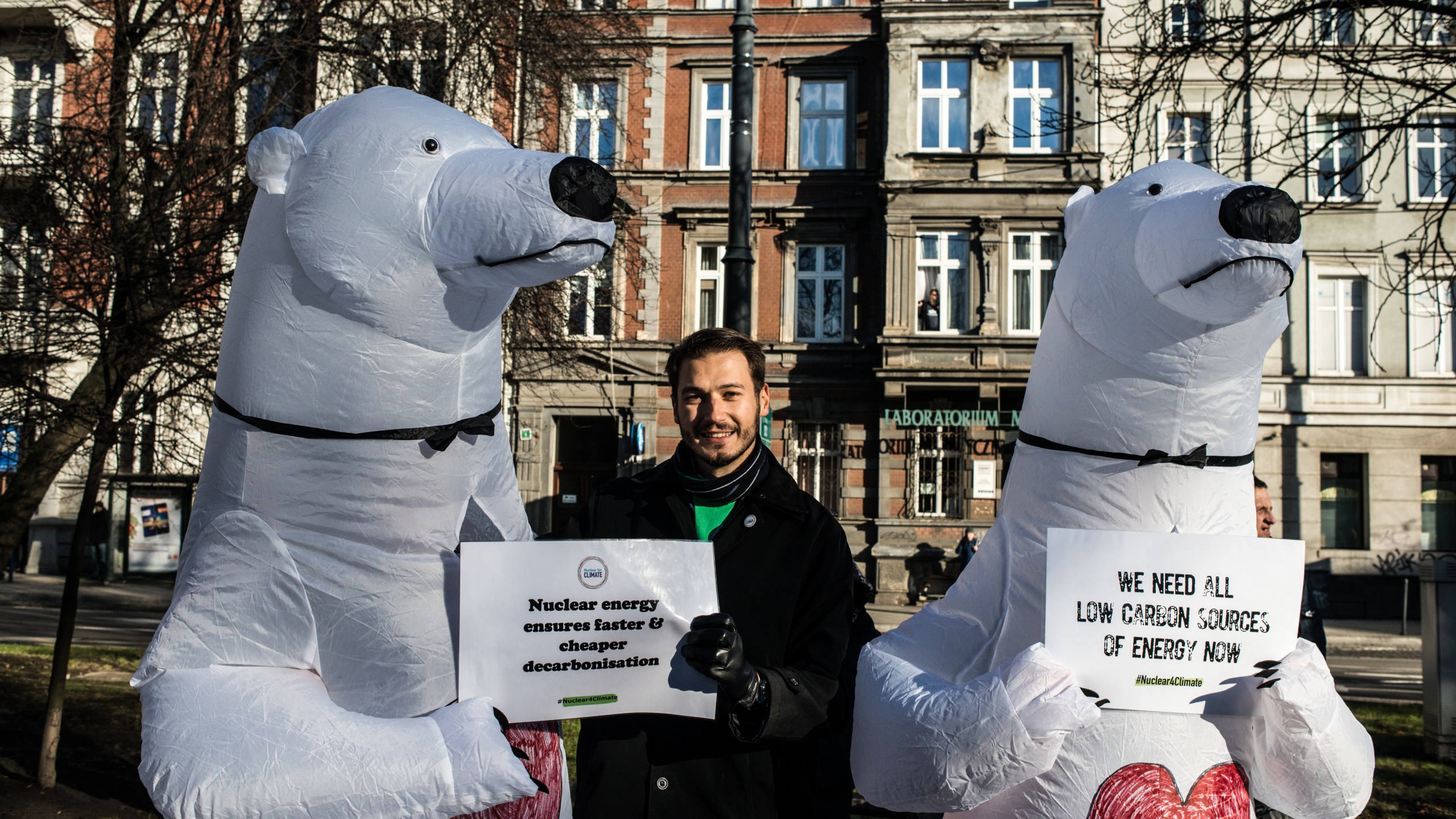 Environmental protesters dressed as polar bears make the case for nuclear energy as a climate change solution at a Greenpeace march on Dec. 8, 2018 in Katowice, Poland. (Credit: Martyn Aim/Getty Images)