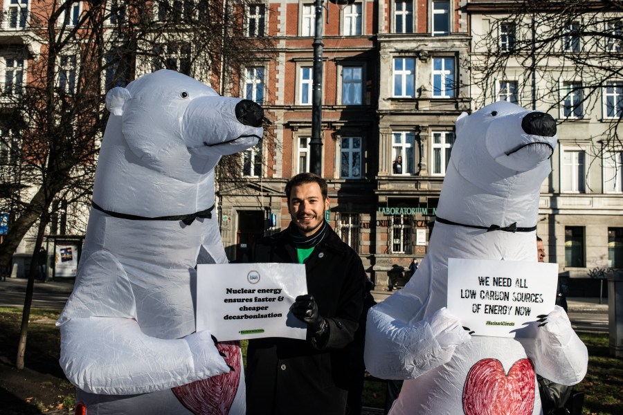 Environmental protesters dressed as polar bears make the case for nuclear energy as a climate change solution at a Greenpeace march on Dec. 8, 2018 in Katowice, Poland. (Credit: Martyn Aim/Getty Images)