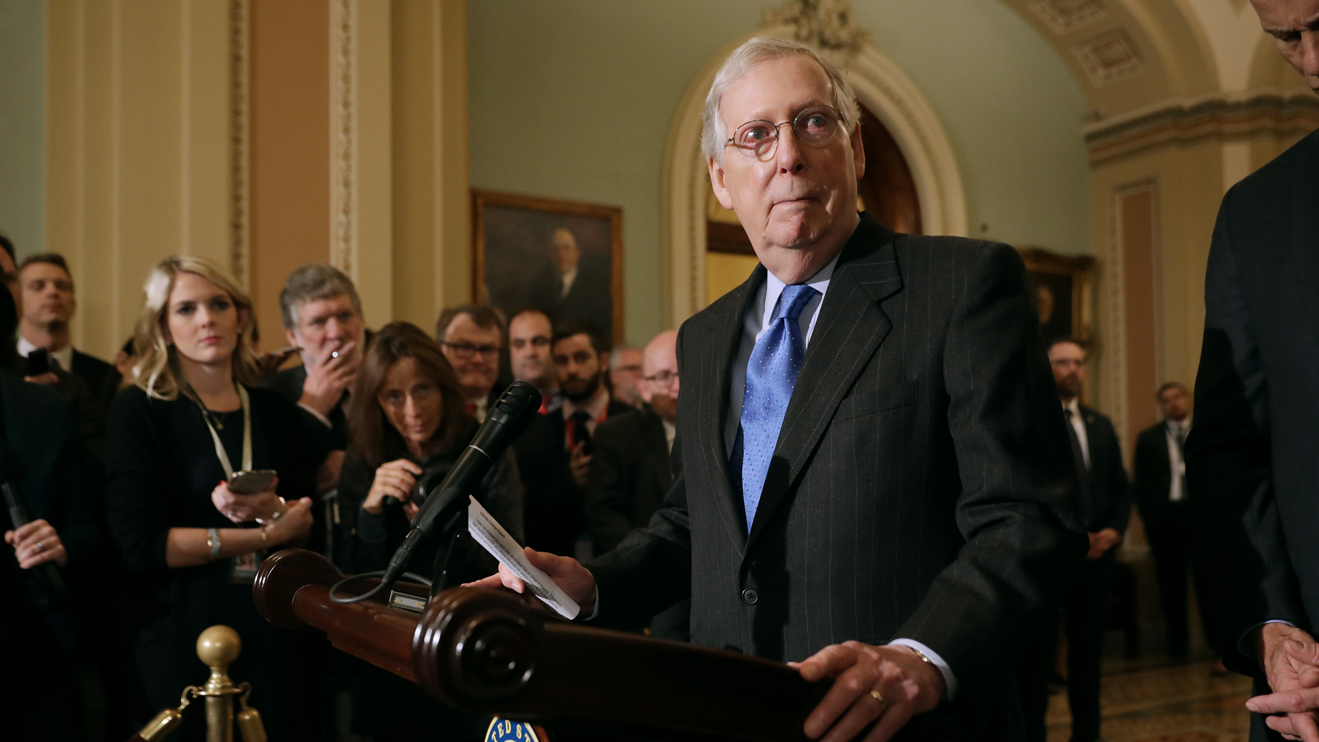 Senate Majority Leader Mitch McConnell talks to reporters with Sen. John Thune following the weekly Senate Republican policy luncheon in the U.S. Capitol Nov. 27, 2018, in Washington, D.C. (Credit: Chip Somodevilla/Getty Images)