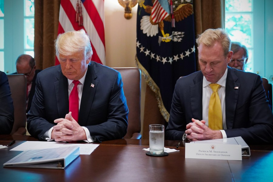 Donald Trump and Patrick Shanahan bow their heads in prayer before the start of a Cabinet meeting in the Cabinet Room of the White House on Aug. 16, 2018. (Credit: MANDEL NGAN/AFP/Getty Images)