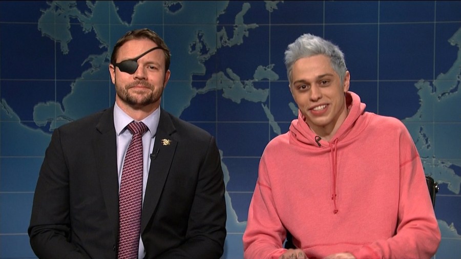 U.S. Rep.-elect Dan Crenshaw, left, and Pete Davidson, right, on an episode of Saturday Night Live. (Credit: SNL via CNN Wire)