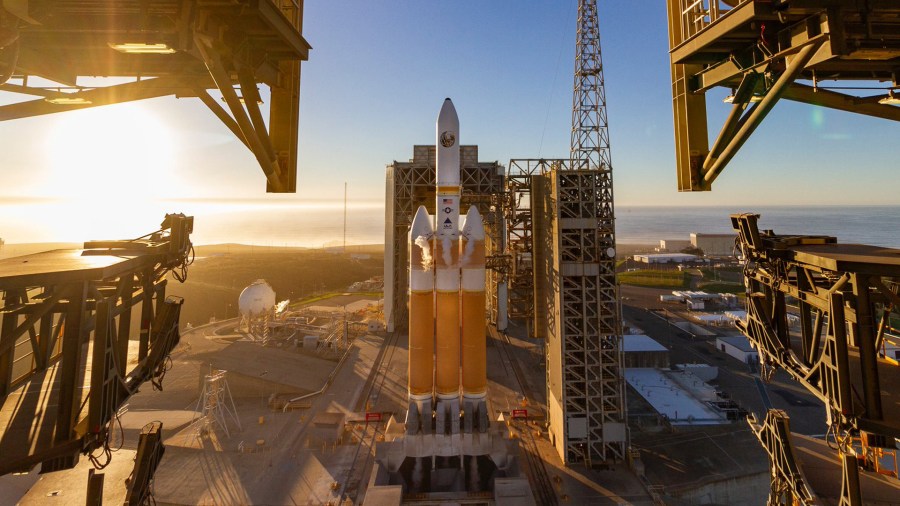 A Delta Heavy IV rocket sits on the launch pad of Vandenberg Air Force Base on Dec. 19, 2018. (Credit: ULA)