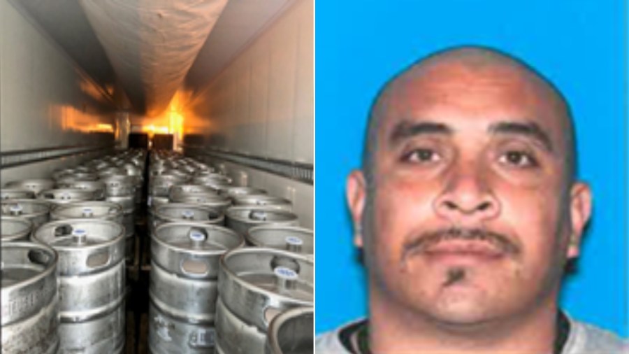 Jose Jesus Rodriguez, at right, is seen alongside a load of beer kegs found in a semitruck that was reported missing in photos released by the Los Angeles Police Department on Dec. 5, 2018.