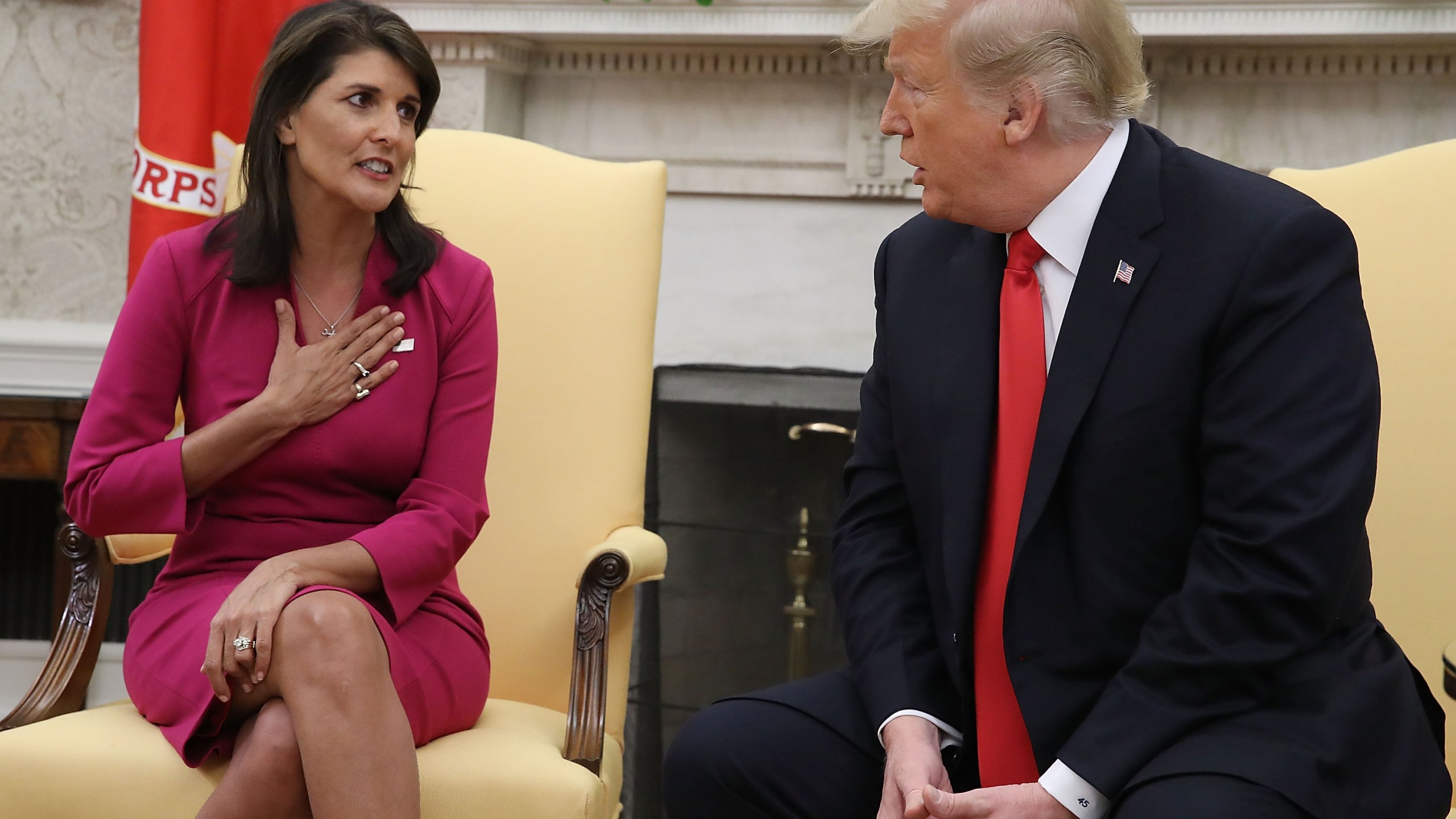 Donald Trump announces that he has accepted the resignation of Nikki Haley as U.S. Ambassador to the United Nations, in the Oval Office on Oct. 9, 2018. (Credit: Mark Wilson/Getty Images)