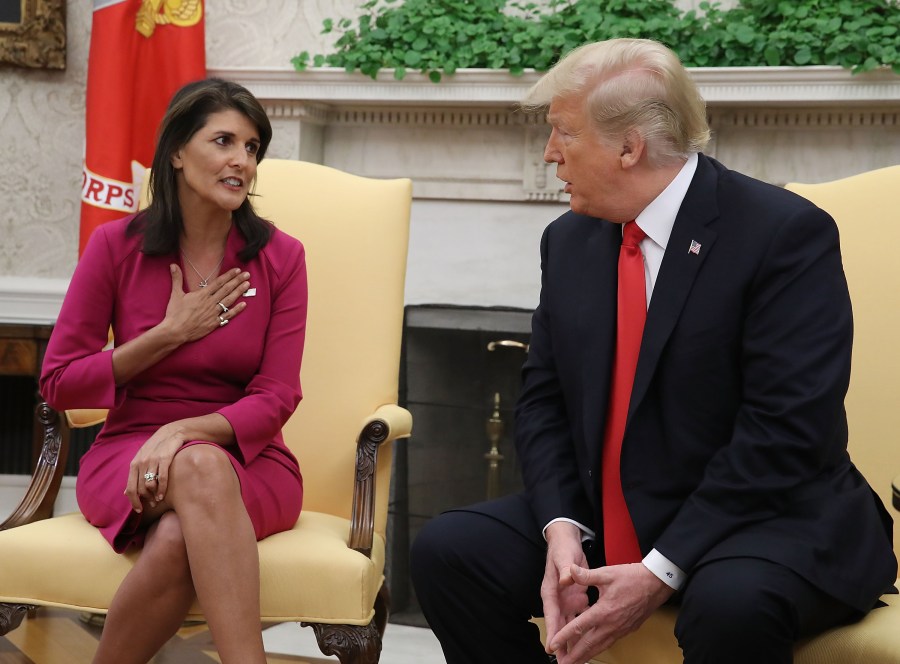 Donald Trump announces that he has accepted the resignation of Nikki Haley as U.S. Ambassador to the United Nations, in the Oval Office on Oct. 9, 2018. (Credit: Mark Wilson/Getty Images)