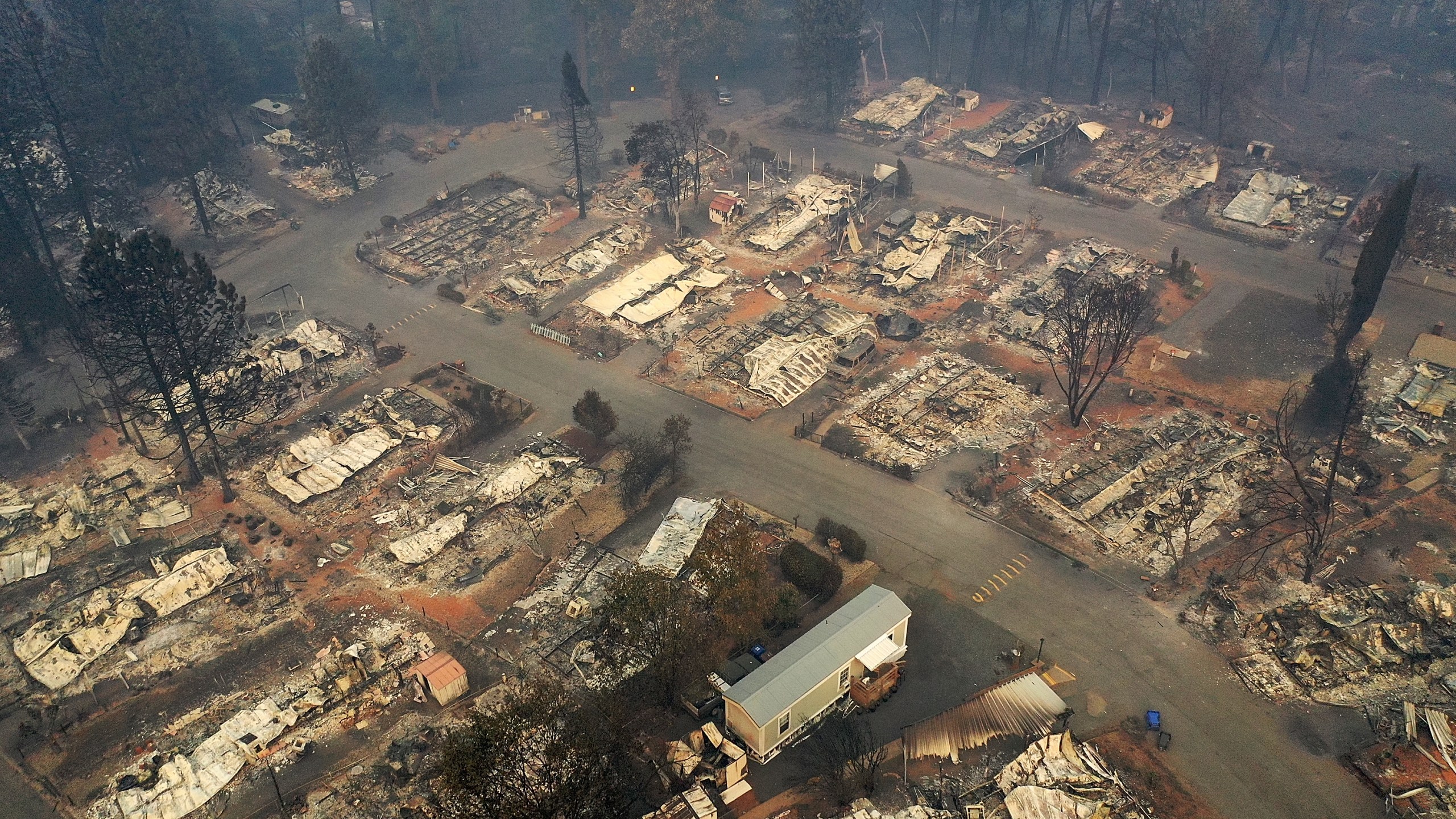 A Paradise neighborhood destroyed by the Camp Fire is seen in an aerial view on Nov. 15, 2018. (Credit: Justin Sullivan / Getty Images)