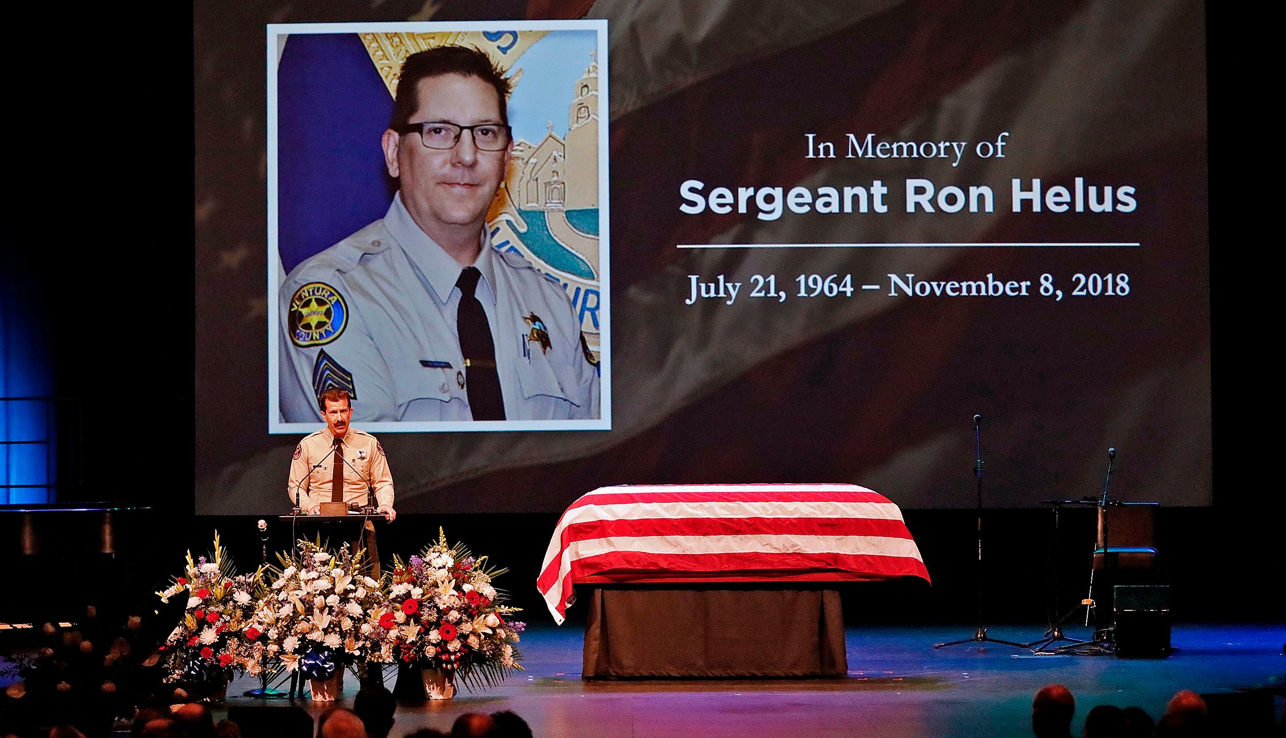 Ventura County Sheriff Bill Ayub addresses the crowd attending the memorial service for Sgt. Ron Helus at Calvary Community Church in Westlake Village Nov. 15, 2018. (AL SEIB/AFP/Getty Images)